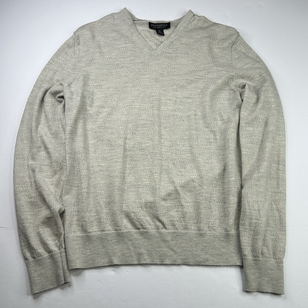 Banana Republic Sweater Mens M Extra Fine Merino Wool V Neck Gray Oatmeal